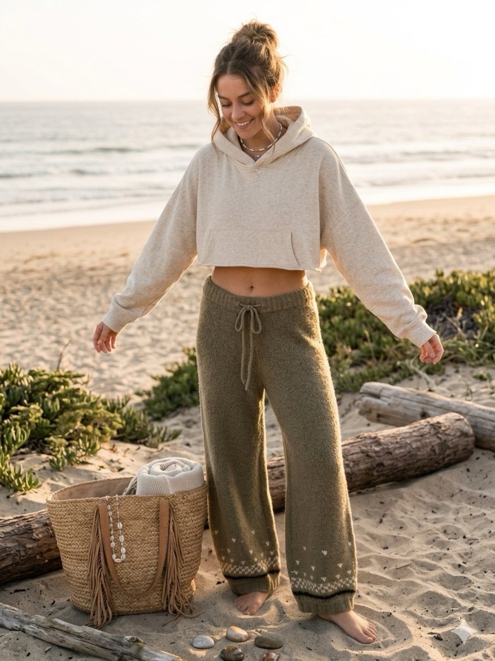 Free People Ski Slope Fair Isle Knit Sweater Pants Olive Green Wide Leg Cozy
